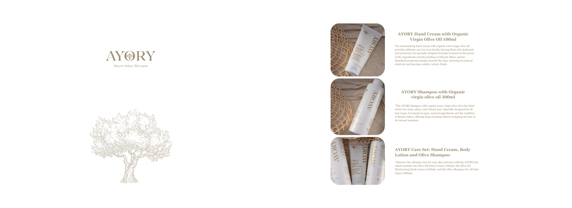 AYORY Care Set: Hand Cream, Body Lotion and Olive Shampoo