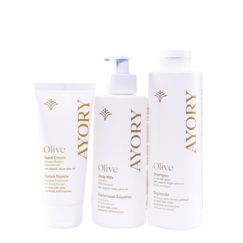 Kombinerad handkräm med olivolja 100ml AYORI Body Milk Olive 250ml AYORI Olive Schampo för alla hårtyper 300ml